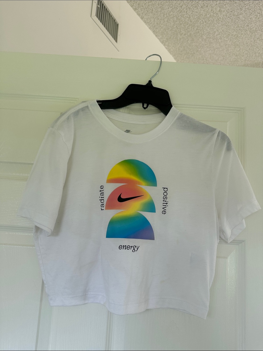 Nike White Crop Tee with Rainbow Swoosh Motif